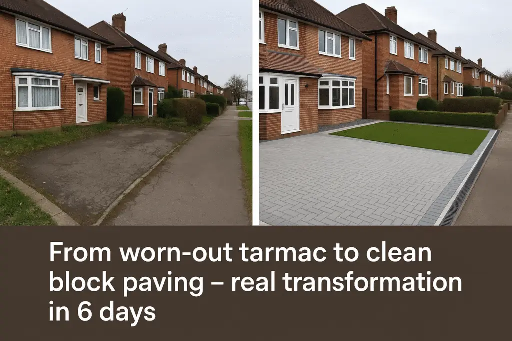 Before and after image of driveway renovation in Morden showing tarmac to block paving transformation.