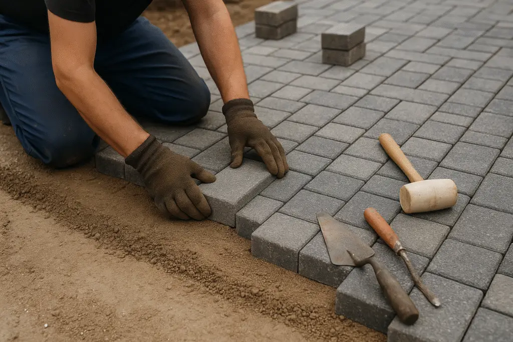 Block paving installation process with sub-base and compact tools.