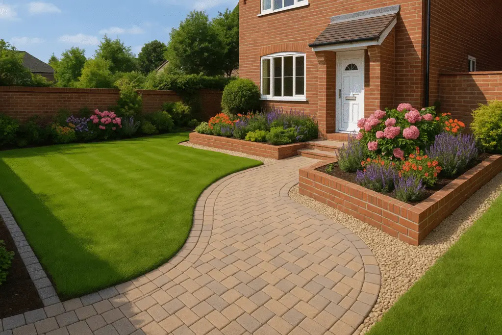 Integrated driveway and landscaping project with turf and raised beds.