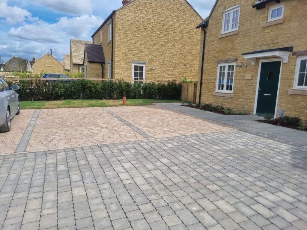 Block paving driveway with herringbone pattern New Malden