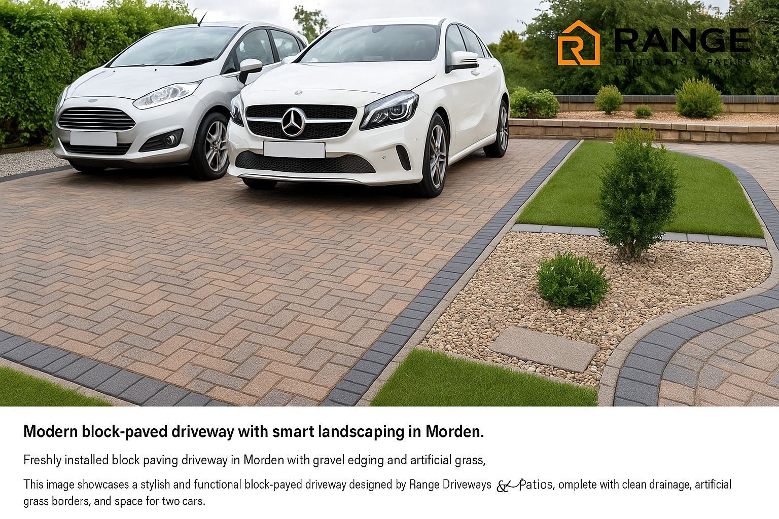 Before and after image of driveway renovation in Morden showing tarmac to block paving transformation.