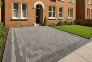 Modern block paving driveway in front of a London townhouse with neat garden edging.
