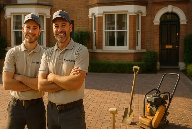 miling Range Driveways & Patios contractors standing in front of a newly completed block paving driveway in London, wearing branded uniforms, showcasing expertise and quality craftsmanship.