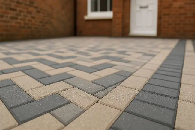 Close-up of freshly installed block paving driveway with neat jointing in London.
