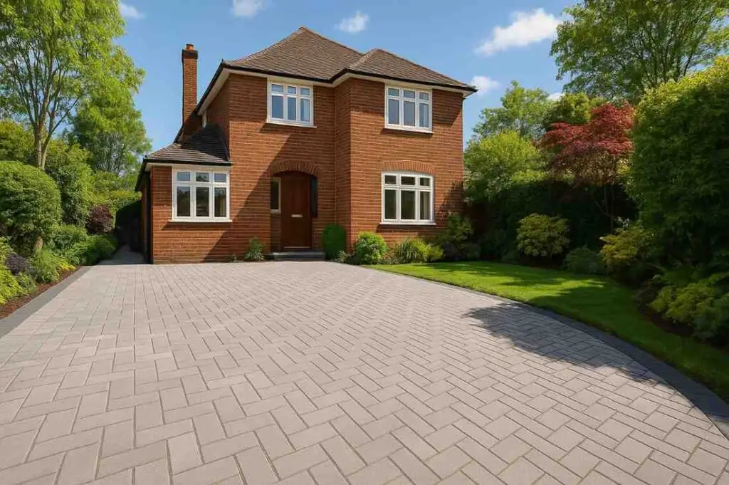Modern block-paved driveway in Worcester Park with stylish garden.