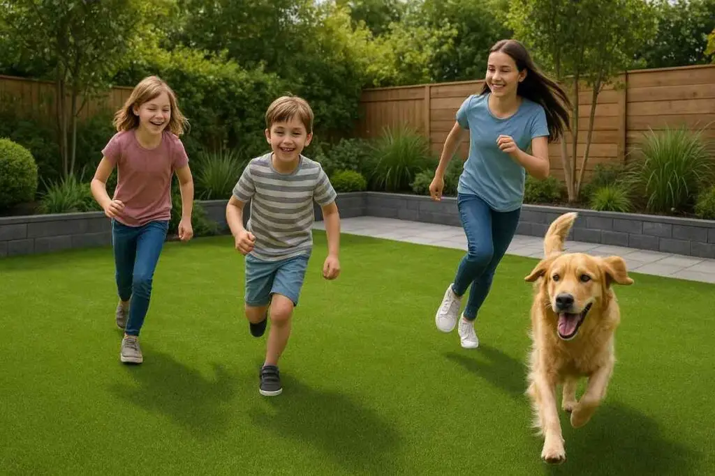 Artificial grass garden in Worcester Park with kids and pets playing.