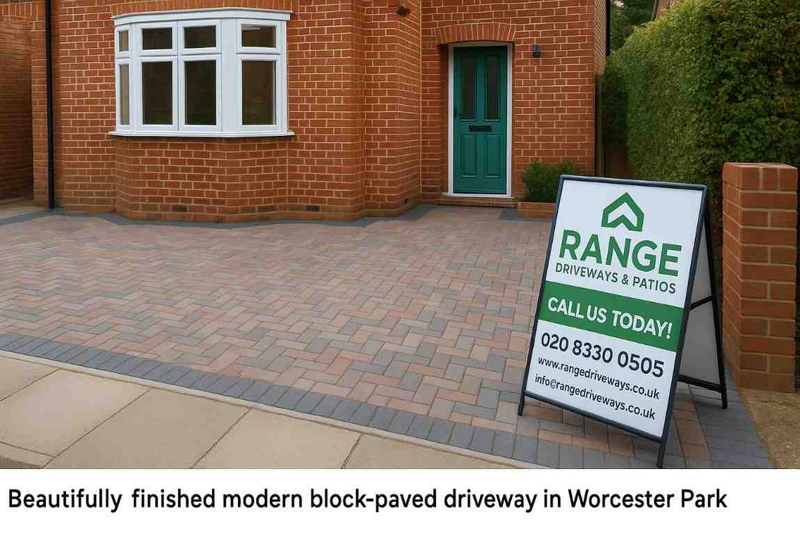 Finished driveway with Range Driveways & Patios branding on signboard.