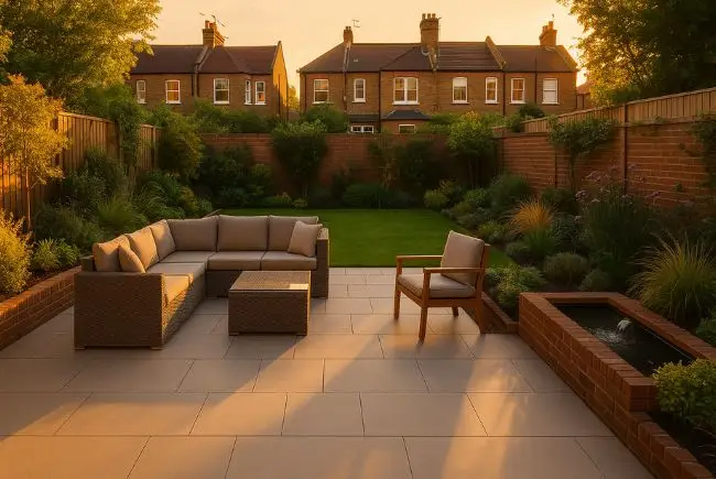 Porcelain patio with garden landscaping in a London backyard.