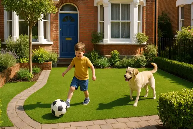 Artificial grass installation in a London front garden with child playing.