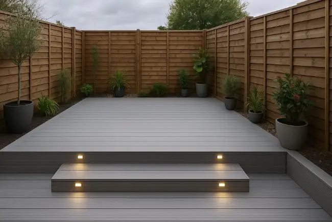 Composite decking installation in a small London garden with LED lighting.
