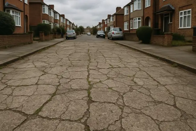 Old cracked concrete driveway in a North London home.