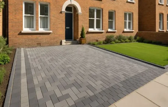 Modern block paving driveway in front of a London townhouse with neat garden edging.