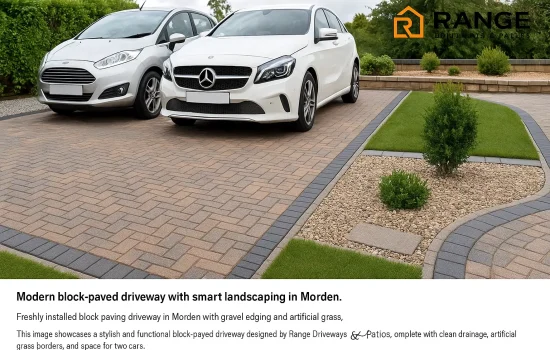 Before and after image of driveway renovation in Morden showing tarmac to block paving transformation.